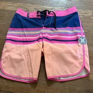 Hurley Kids Navy, Pink & Peach Striped Swim Trunks